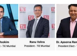 Amit Mookim, Past President -TiE Mumbai, Ranu Vohra, President -TiE Mumbai and Dr. Apoorva Ranjan Sharma, President Elect- TiE Mumbai